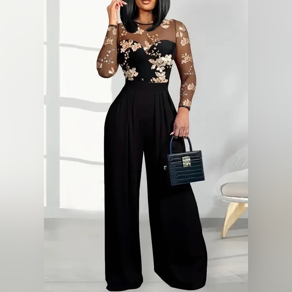 Black Wide-Leg Jumpsuit with Floral Appliqué
